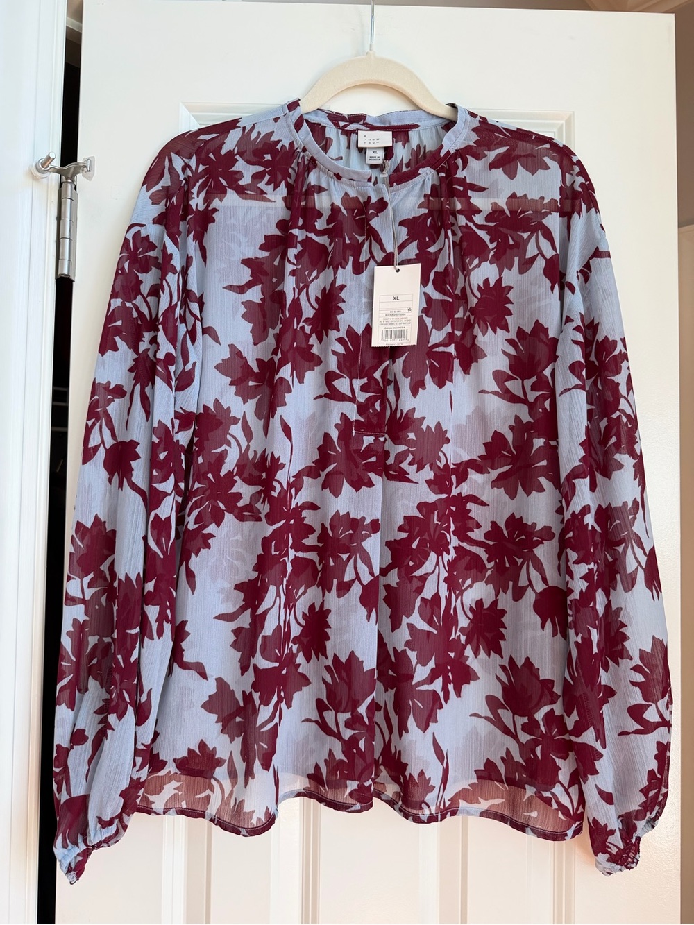 NWT A New Day Romantic Floral Boho Chiffon Semi Sheer Blouse Burgundy Blue Sz XL
